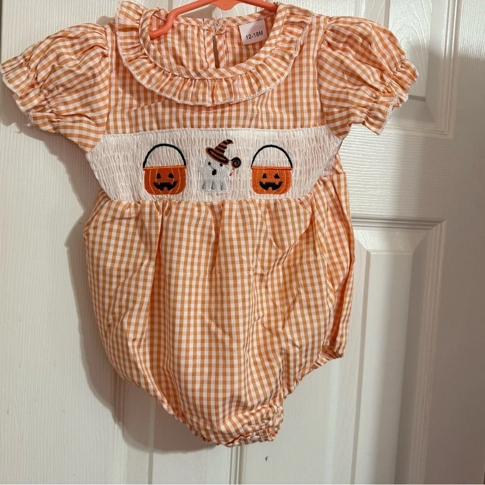 New Smocked Gingham Halloween Romper